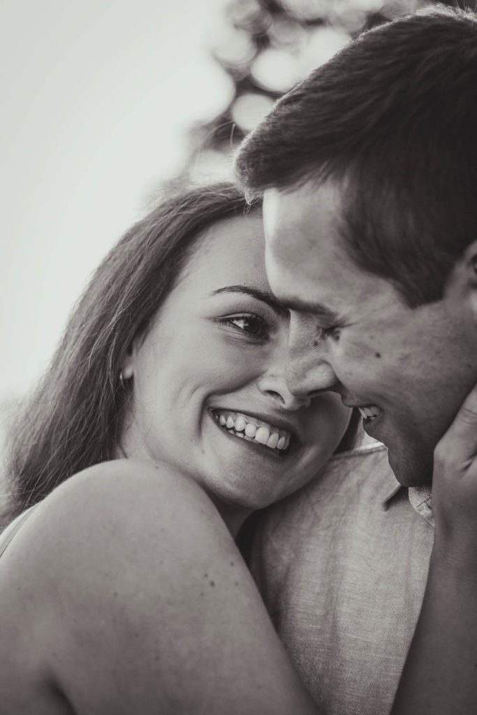 Close up back and white portrait, engagement, photoshoot in nature